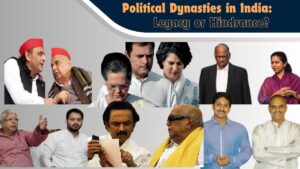 Collage of Indian political leaders from prominent dynasties with an Indian map backdrop and family tree symbol.