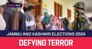 Voter casting ballot with Indian flag and soldiers guarding during Jammu and Kashmir elections